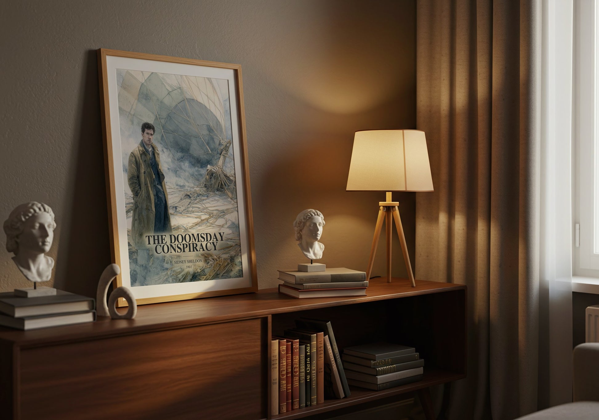 The Doomsday Conspiracy watercolour print on bookshelf – Sidney Sheldon fan gift