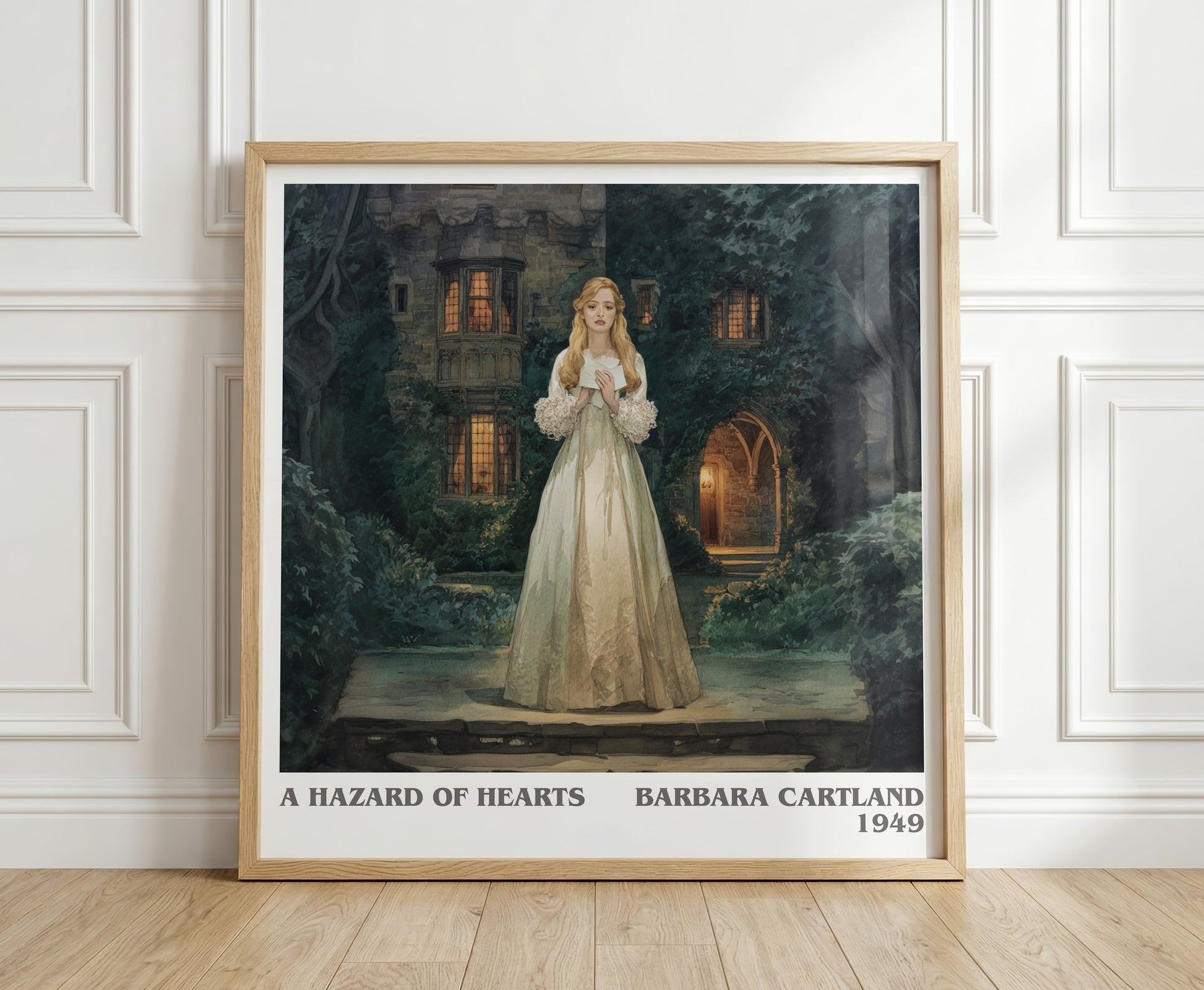 A Hazard of Hearts literary print in frame leaning in hallway – romance wall art