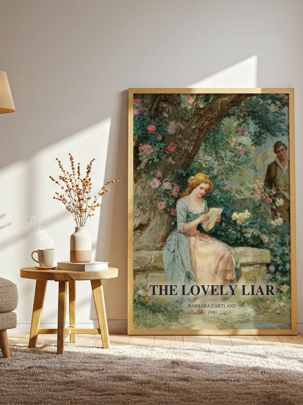 The Lovely Liar watercolour print in frame leaning in hallway – romance wall art
