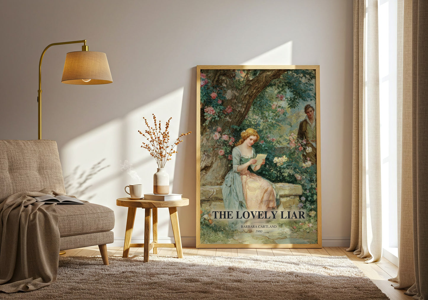 The Lovely Liar watercolour print in frame leaning in hallway – romance wall art
