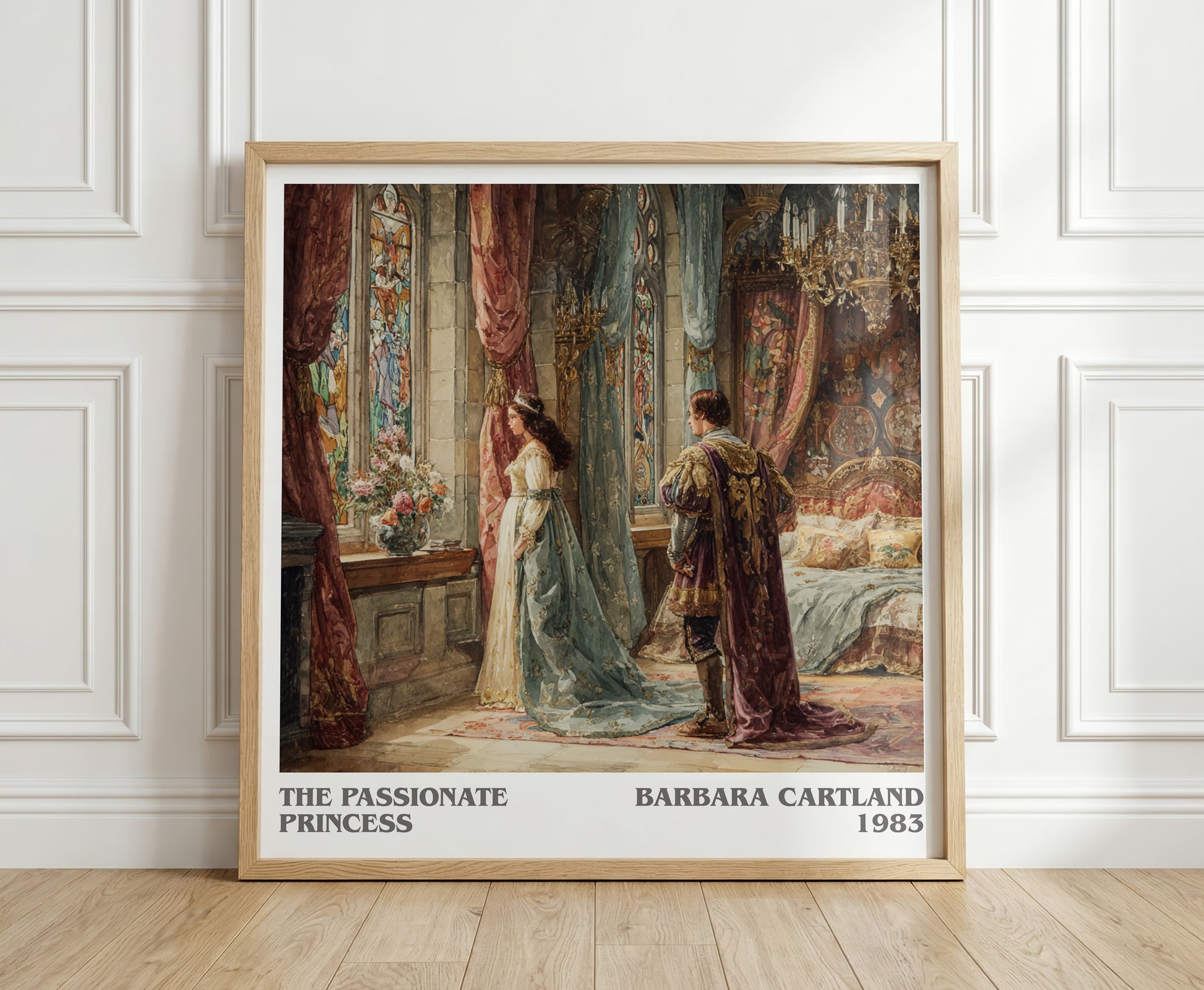 The Passionate Princess literary print in frame leaning in hallway – romance wall art