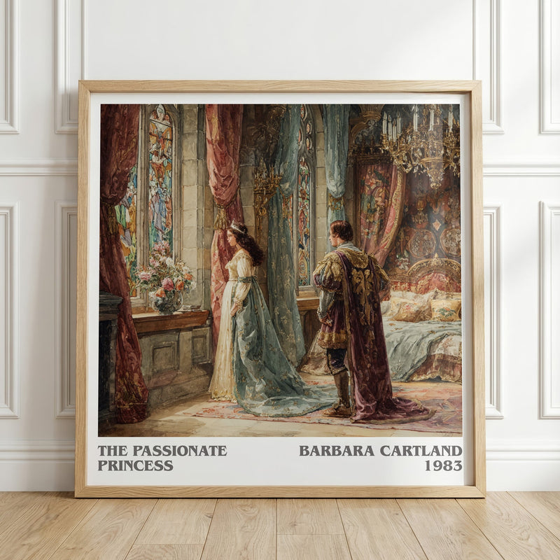 The Passionate Princess literary print in frame leaning in hallway – romance wall art