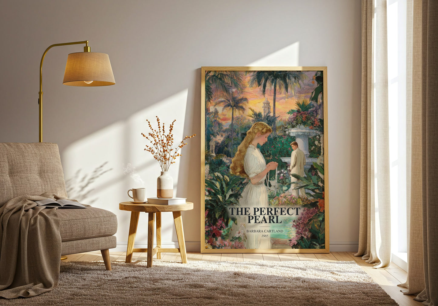 The Perfect Pearl watercolour print in frame leaning in hallway – romance wall art