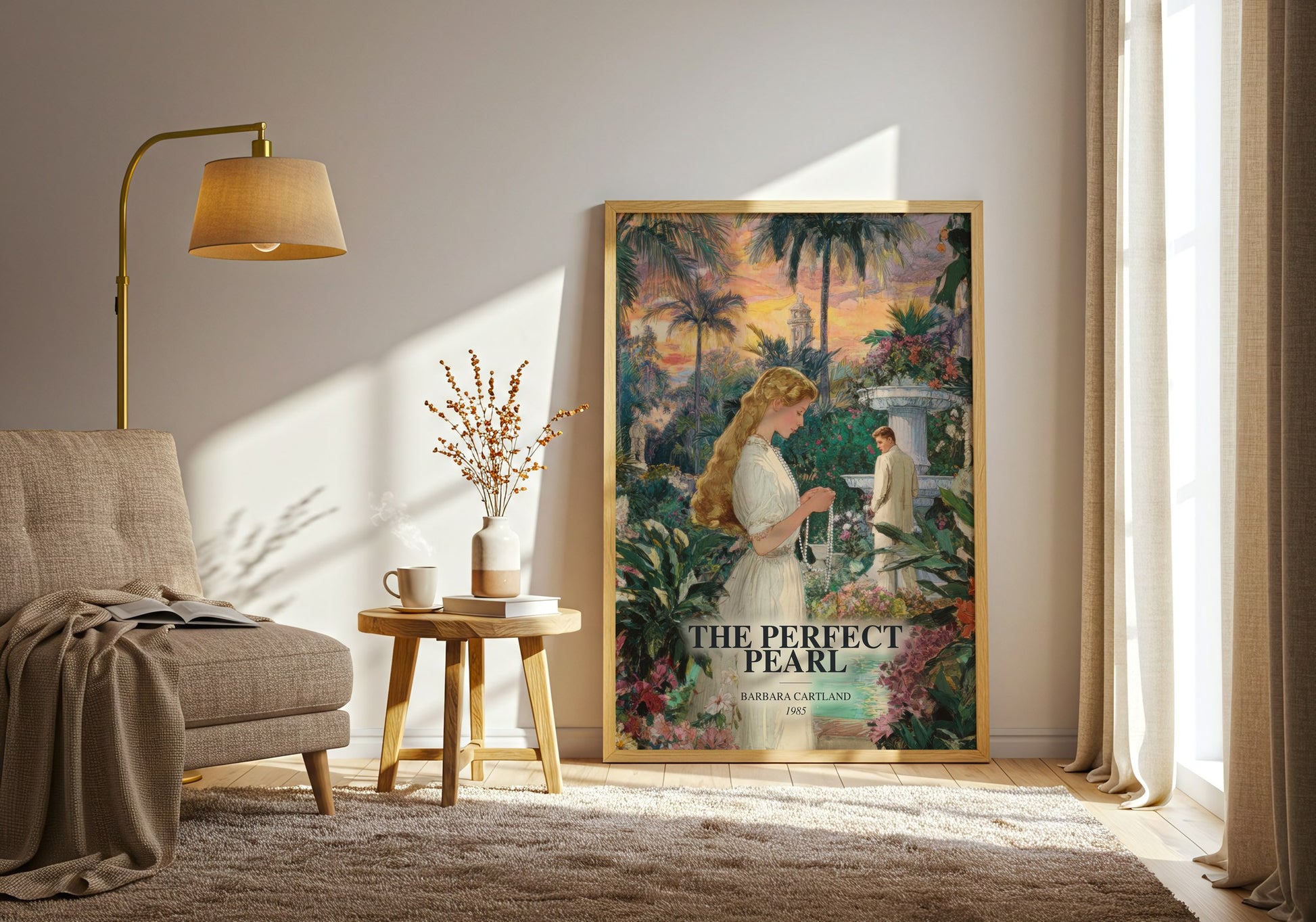 The Perfect Pearl watercolour print in frame leaning in hallway – romance wall art
