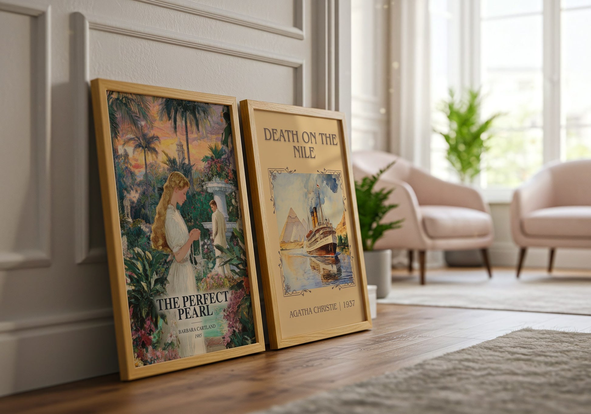 The Perfect Pearl watercolour print framed by window – literary home decor