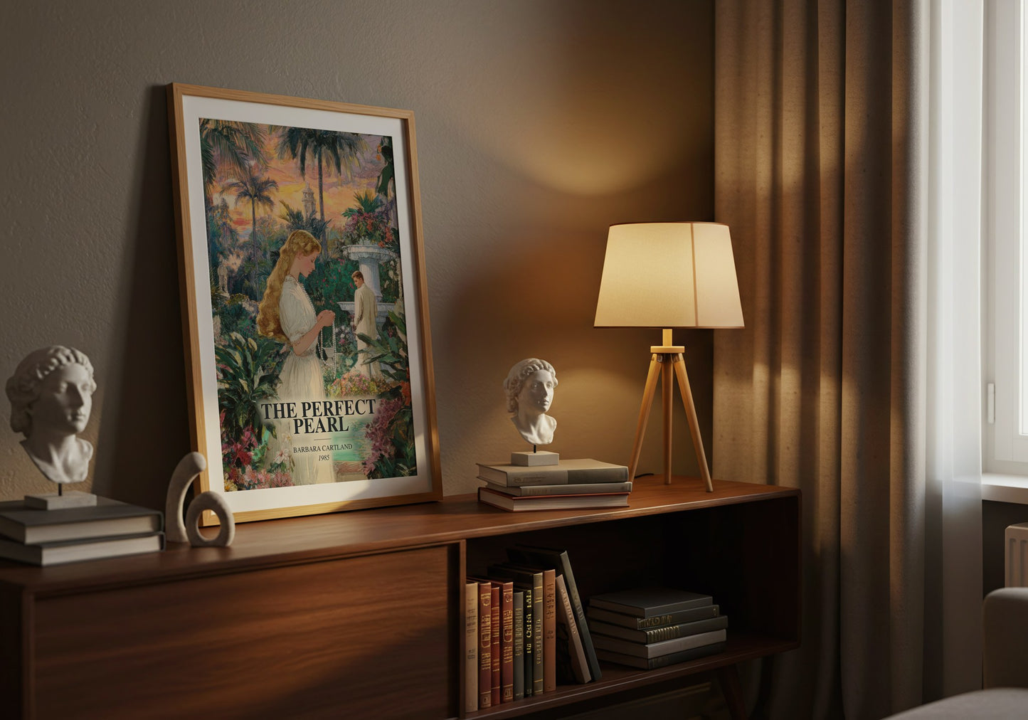 The Perfect Pearl watercolour print on bookshelf – Barbara Cartland fan gift