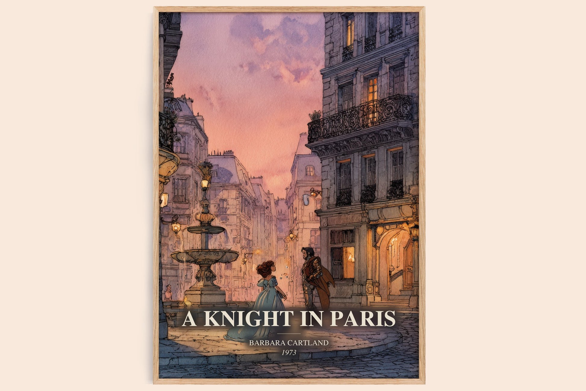 A Knight In Paris watercolour book poster by Barbara Cartland – framed literary art print