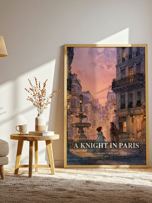 A Knight In Paris watercolour print in frame leaning in hallway – romance wall art