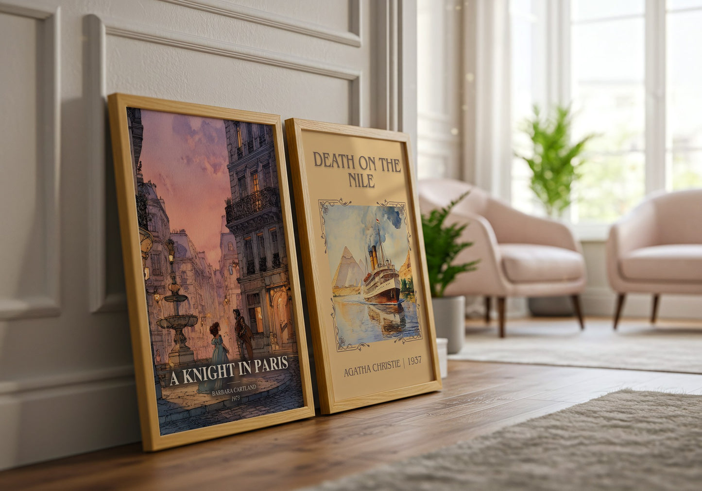 A Knight In Paris watercolour print framed by window – literary home decor