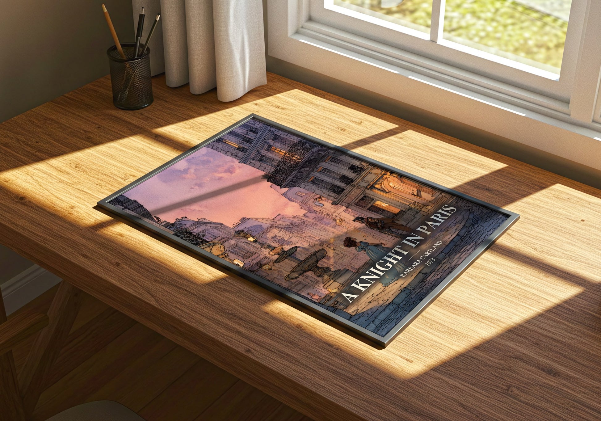 A Knight In Paris watercolour book poster framed on wall – romance wall art