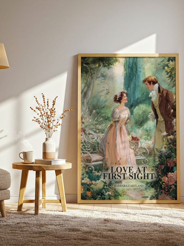 Love At First Sight watercolour print in frame leaning in hallway – romance wall art