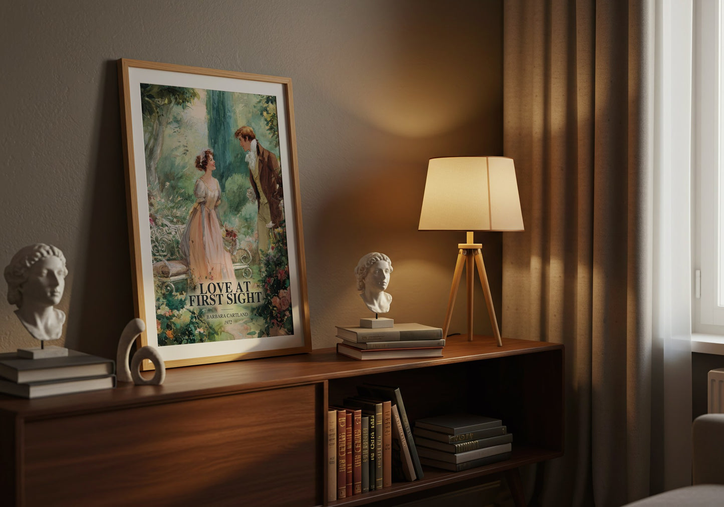 Love At First Sight watercolour print on bookshelf – Barbara Cartland fan gift