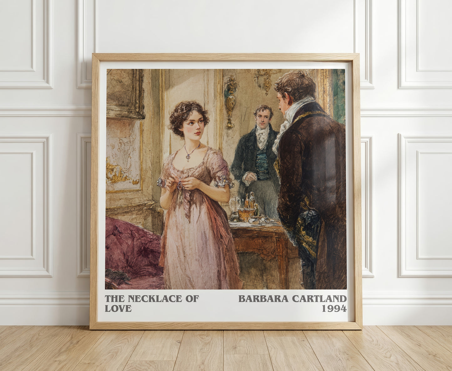 The Necklace of Love literary print in frame leaning in hallway – romance wall art