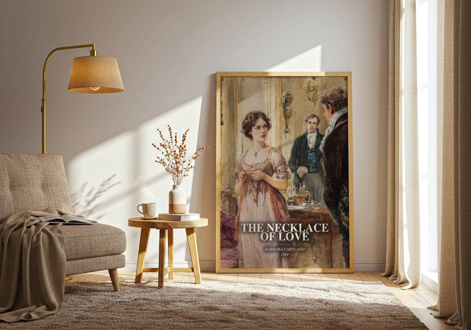 The Necklace Of Love watercolour print in frame leaning in hallway – romance wall art