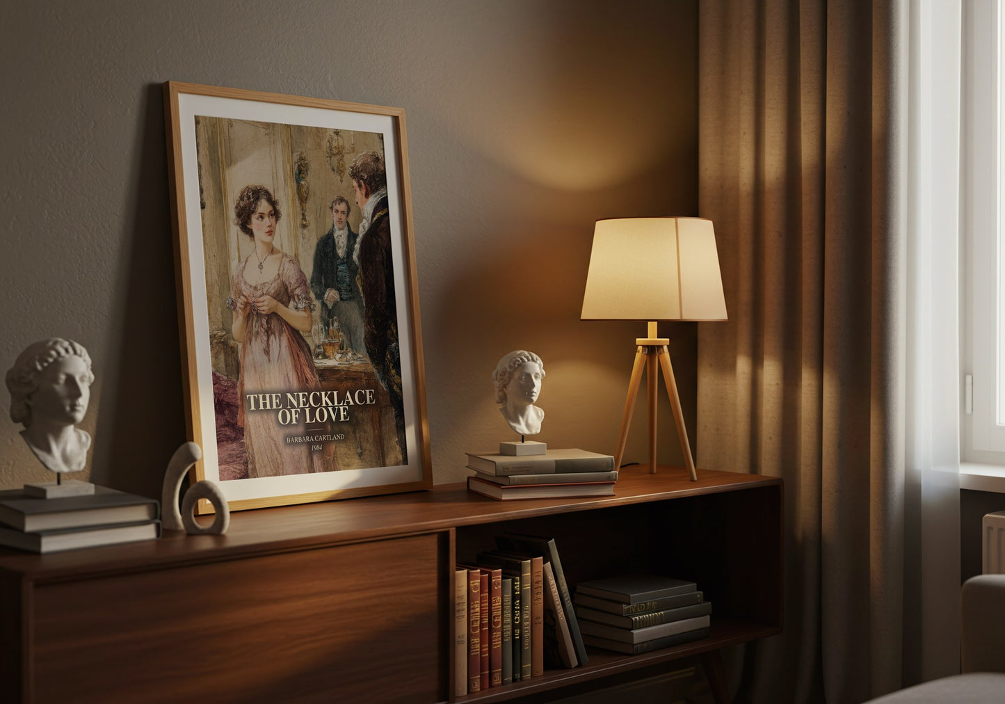 The Necklace Of Love watercolour print on bookshelf – Barbara Cartland fan gift