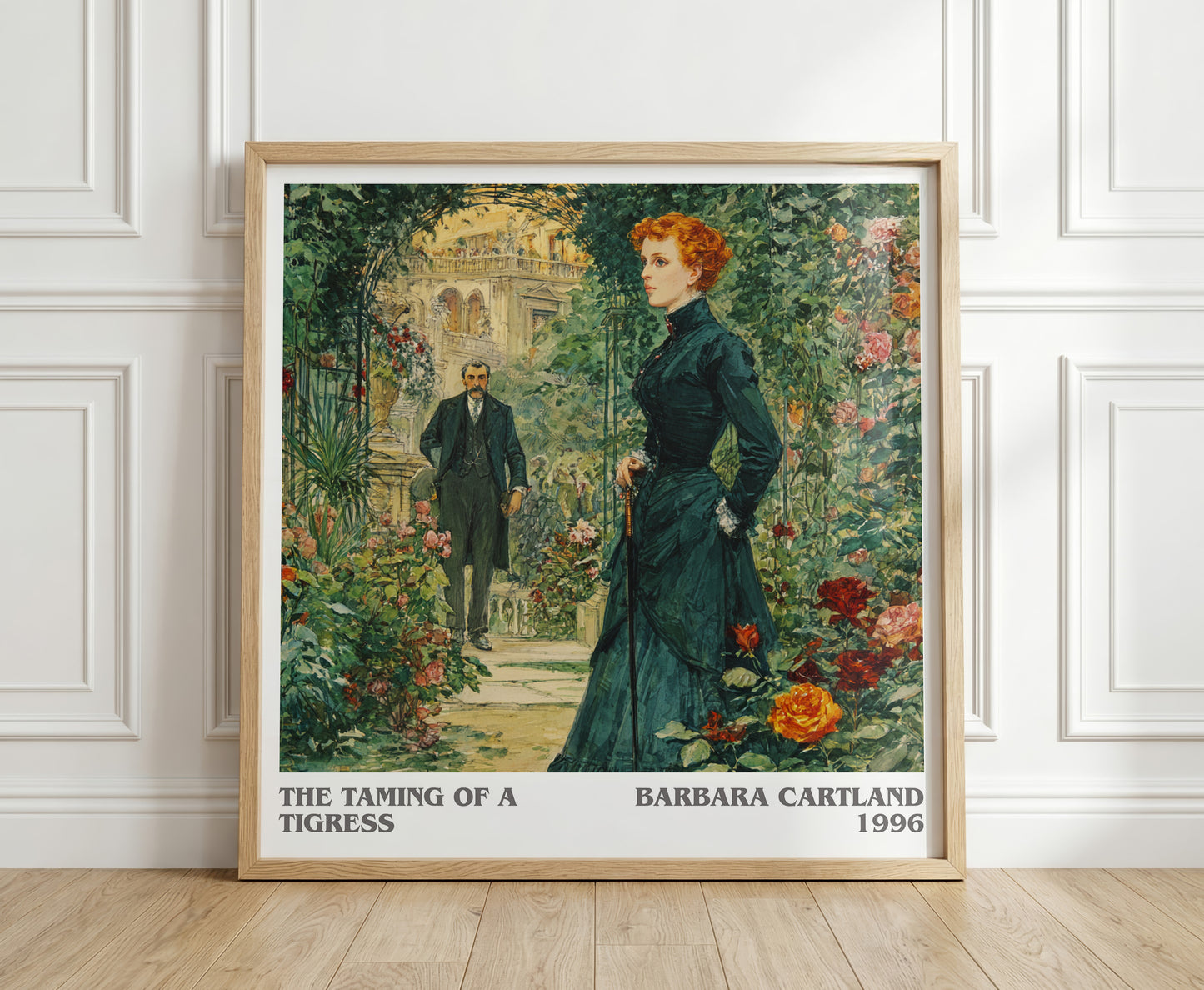 The Taming of a Tigress literary print in frame leaning in hallway – romance wall art
