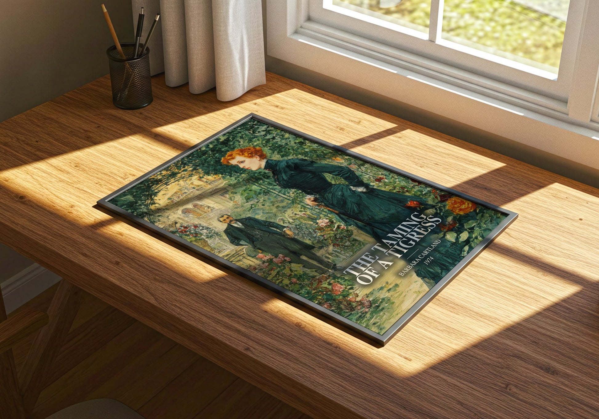The Taming Of A Tigress watercolour book poster framed on wall – romance wall art