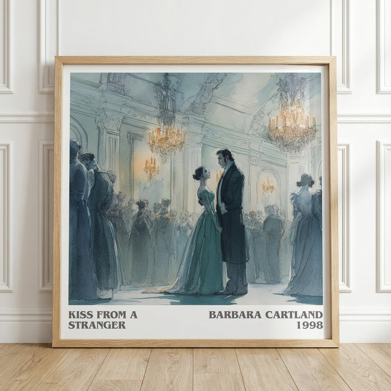 Kiss from a Stranger literary print in frame leaning in hallway – romance wall art