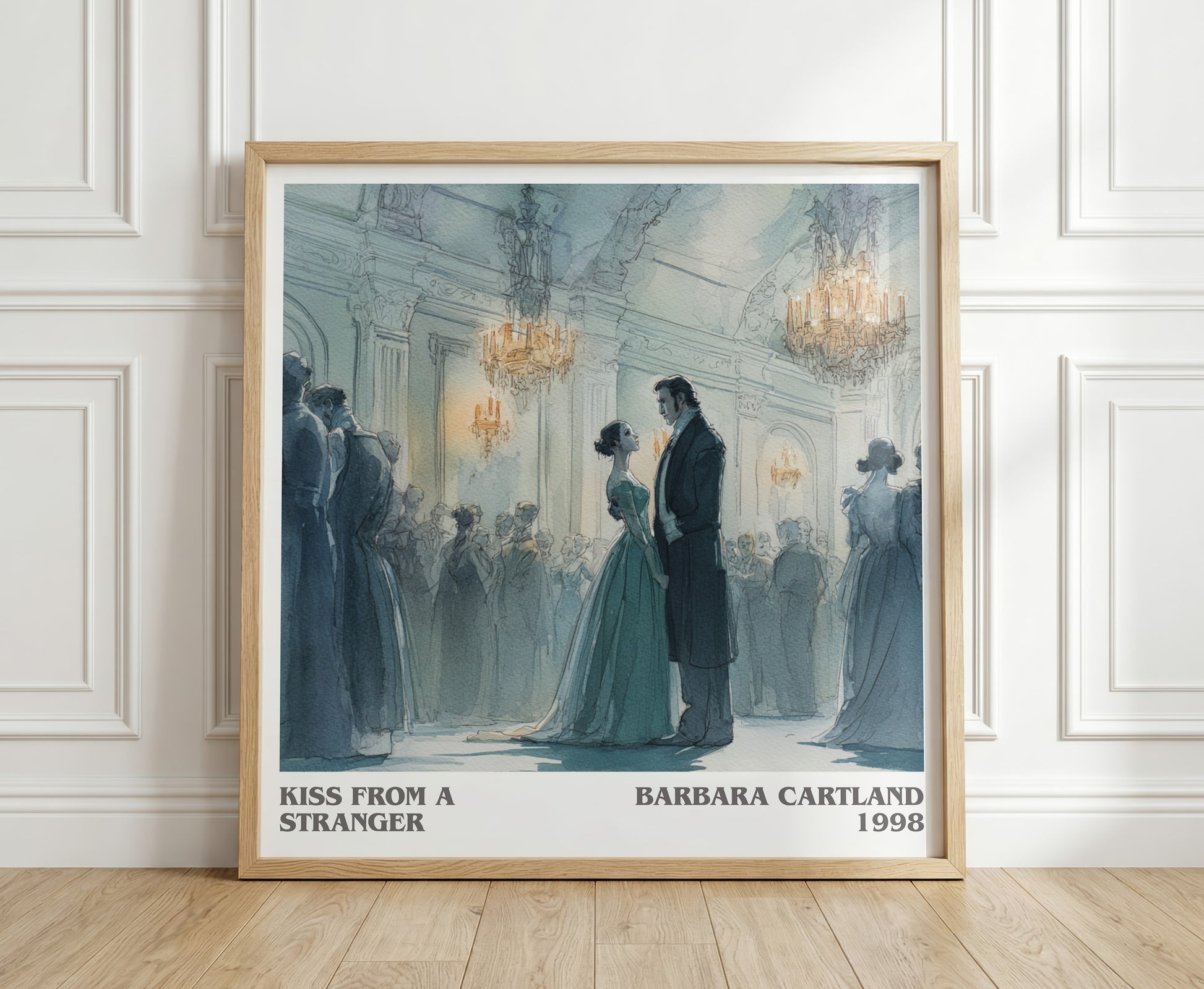 Kiss from a Stranger literary print in frame leaning in hallway – romance wall art