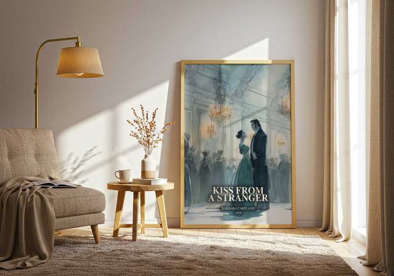 Kiss From A Stranger watercolour print in frame leaning in hallway – romance wall art