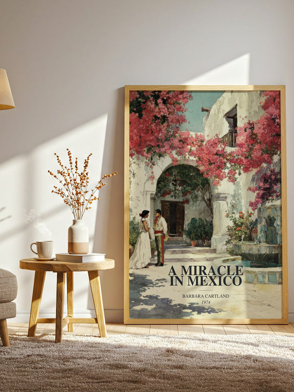 A Miracle In Mexico watercolour print in frame leaning in hallway – romance wall art