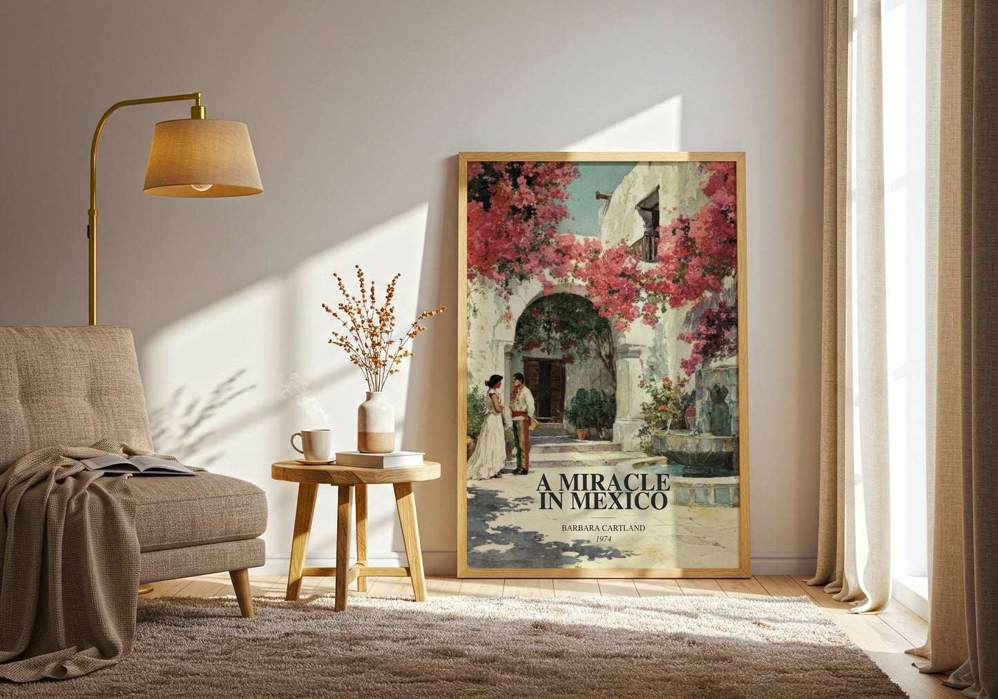 A Miracle In Mexico watercolour print in frame leaning in hallway – romance wall art