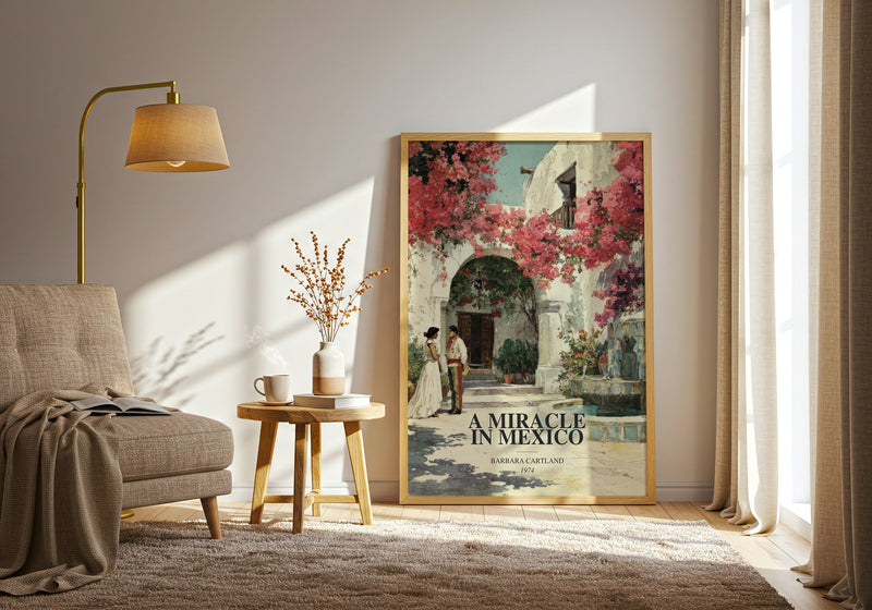A Miracle In Mexico watercolour print in frame leaning in hallway – romance wall art