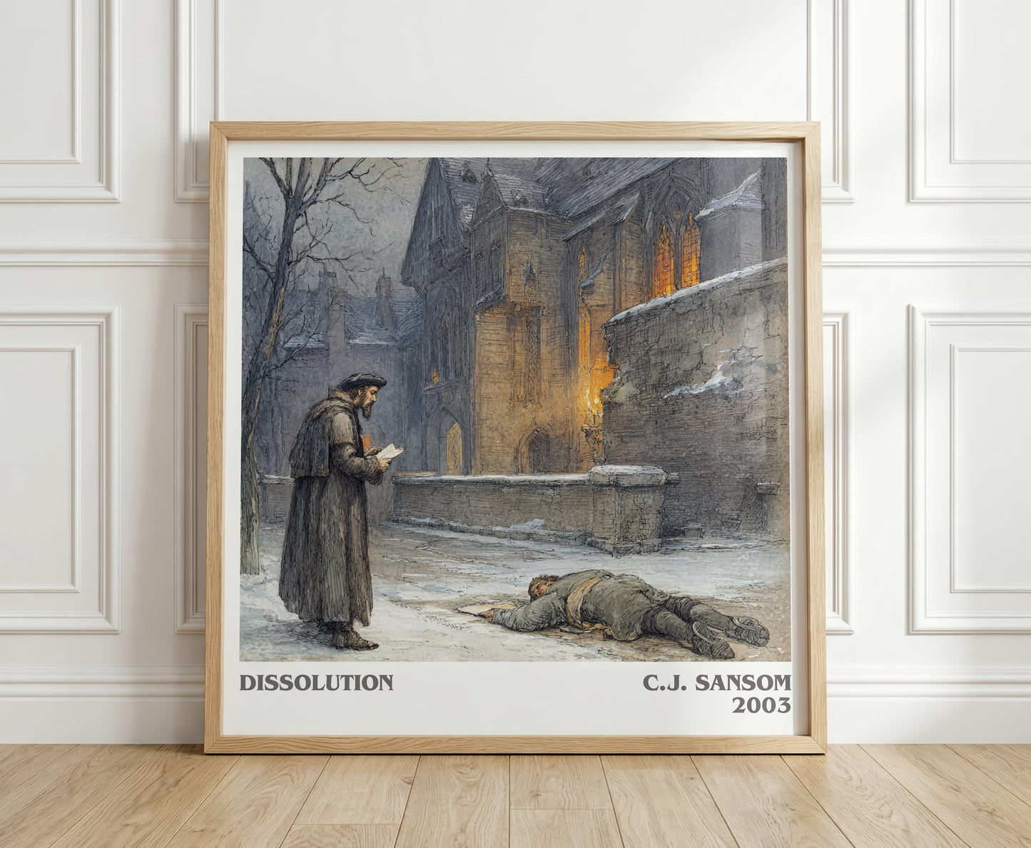 Dissolution literary print in frame leaning in hallway – historical fiction wall art