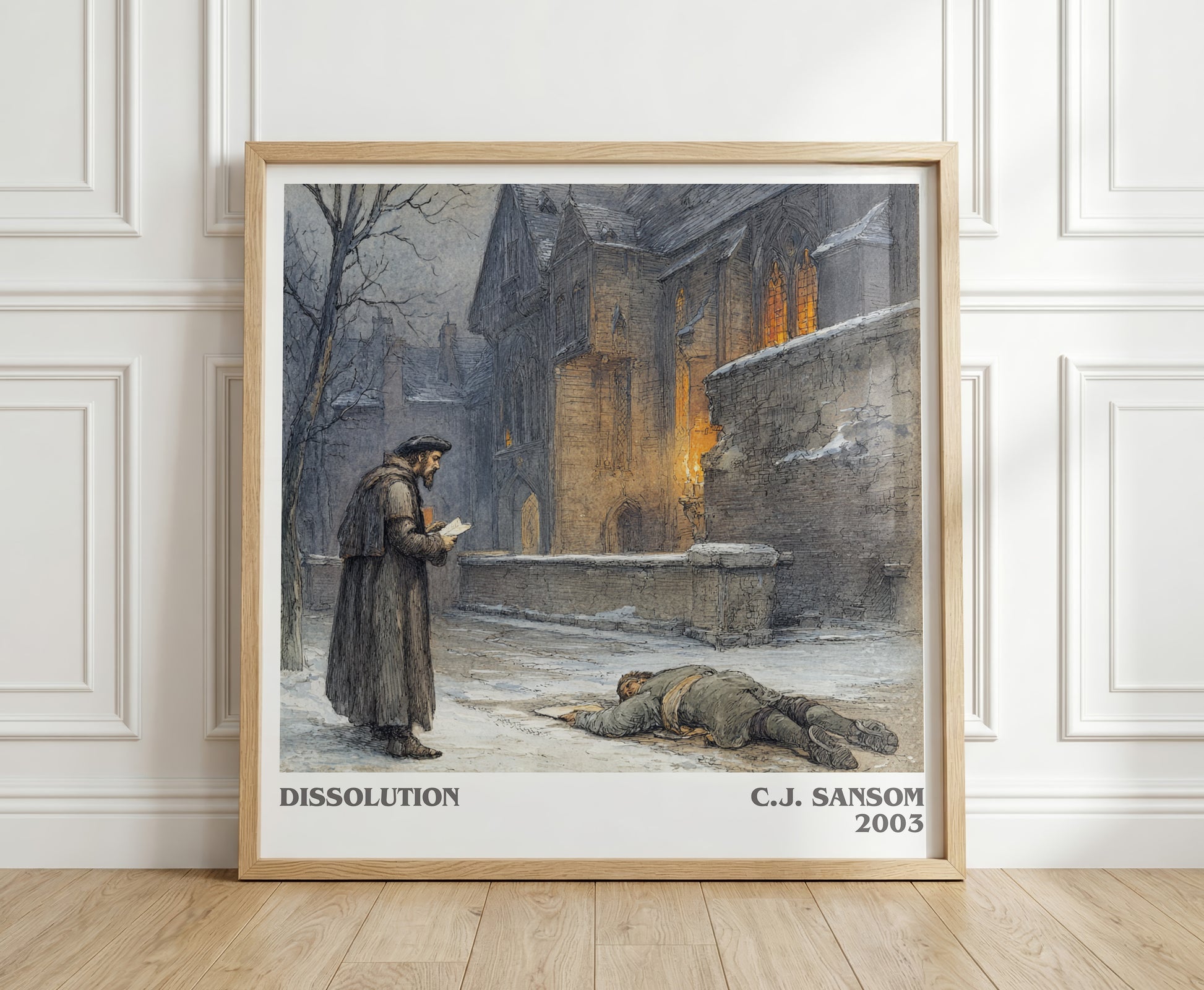 Dissolution literary print in frame leaning in hallway – historical fiction wall art