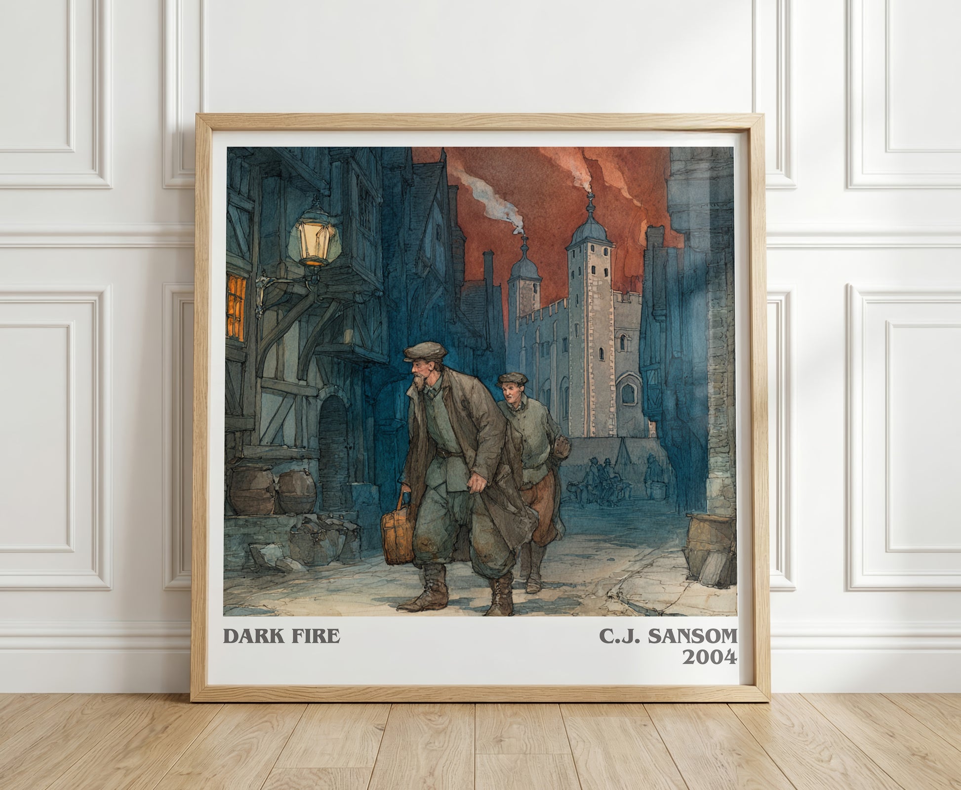 Dark Fire literary print in frame leaning in hallway – historical fiction wall art