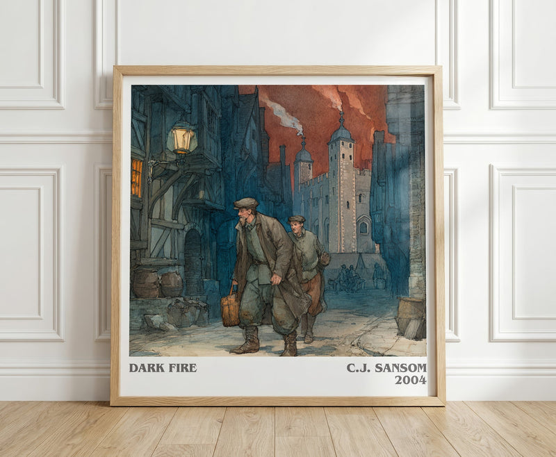 Dark Fire literary print in frame leaning in hallway – historical fiction wall art