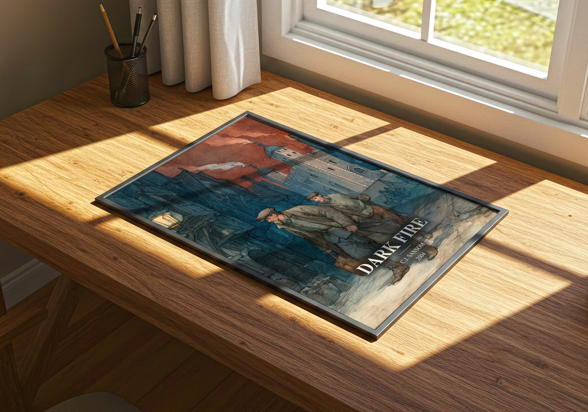 Dark Fire watercolour book poster framed on wall – historical fiction wall art