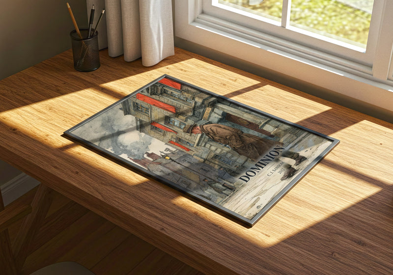 Dominion watercolour book poster framed on wall – historical fiction wall art