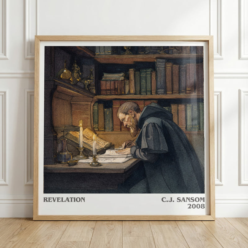 Revelation literary print in frame leaning in hallway – historical fiction wall art