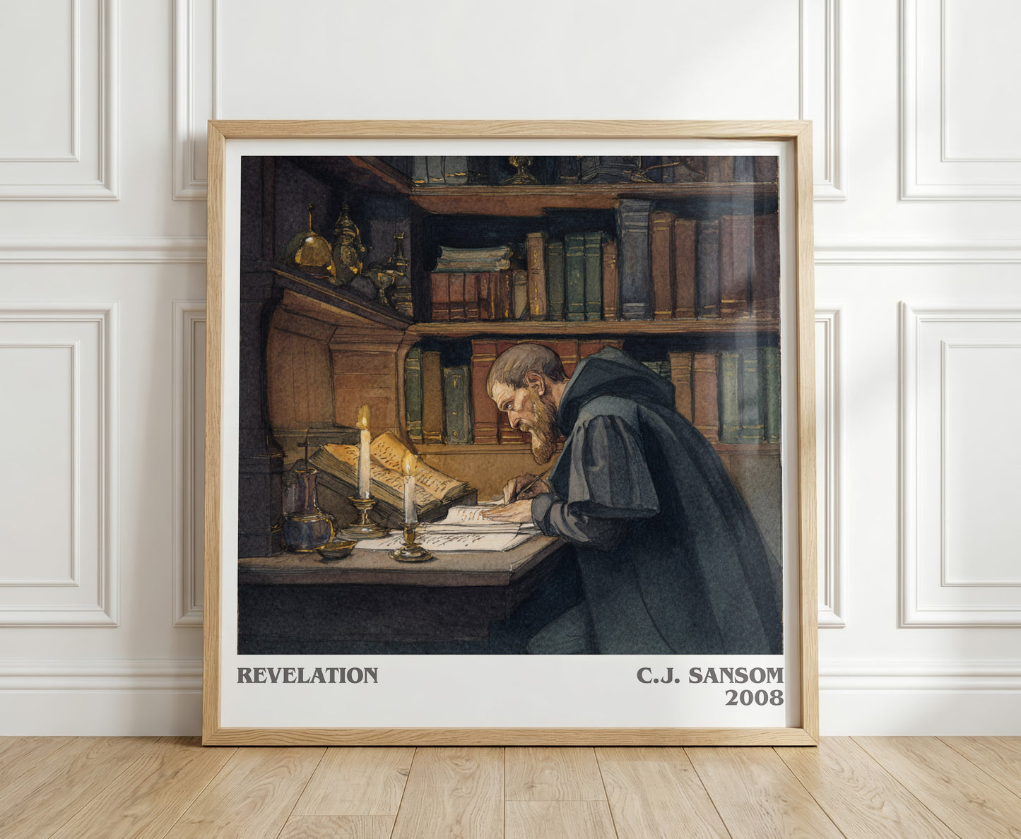 Revelation literary print in frame leaning in hallway – historical fiction wall art