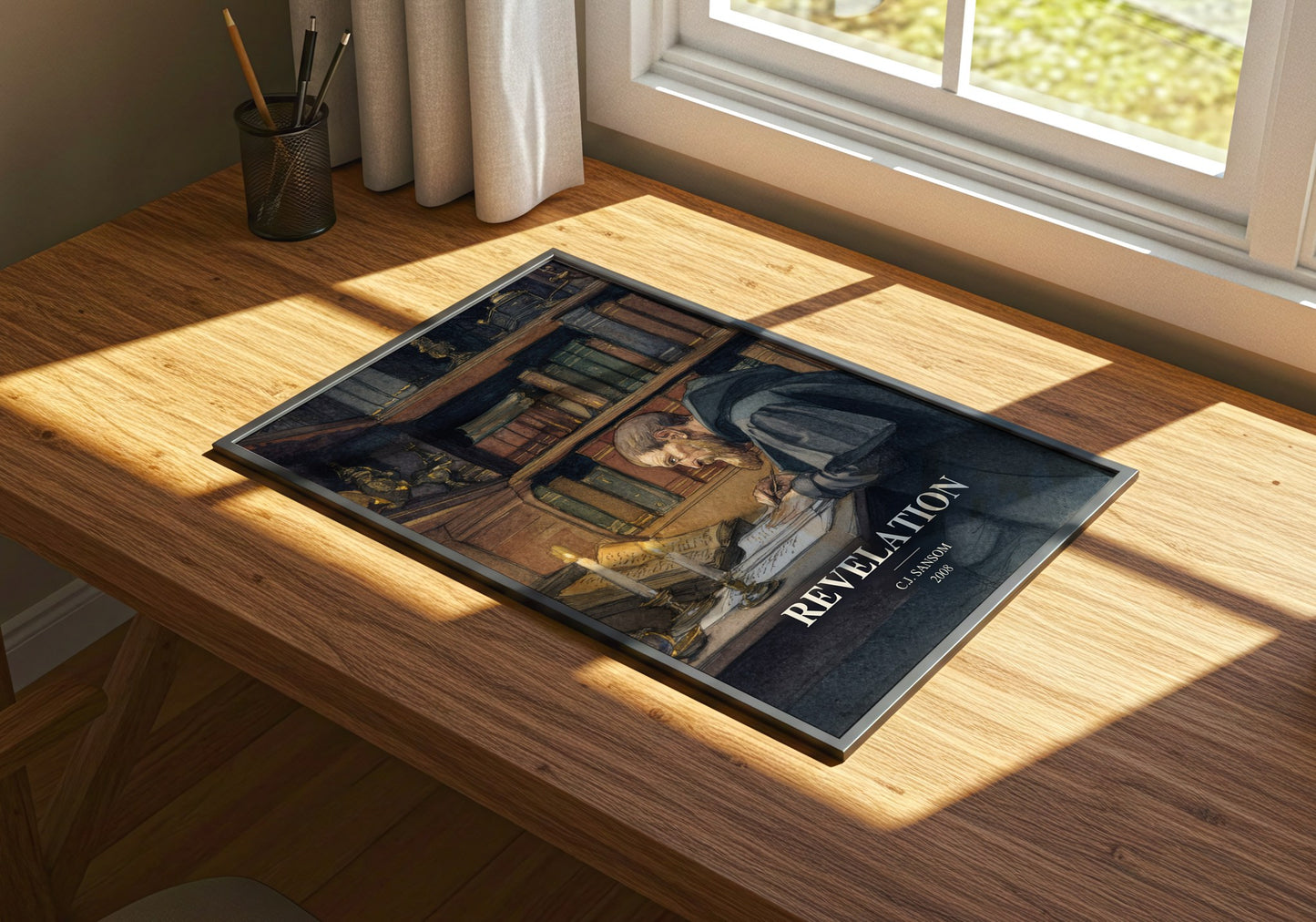 Revelation watercolour book poster framed on wall – historical fiction wall art