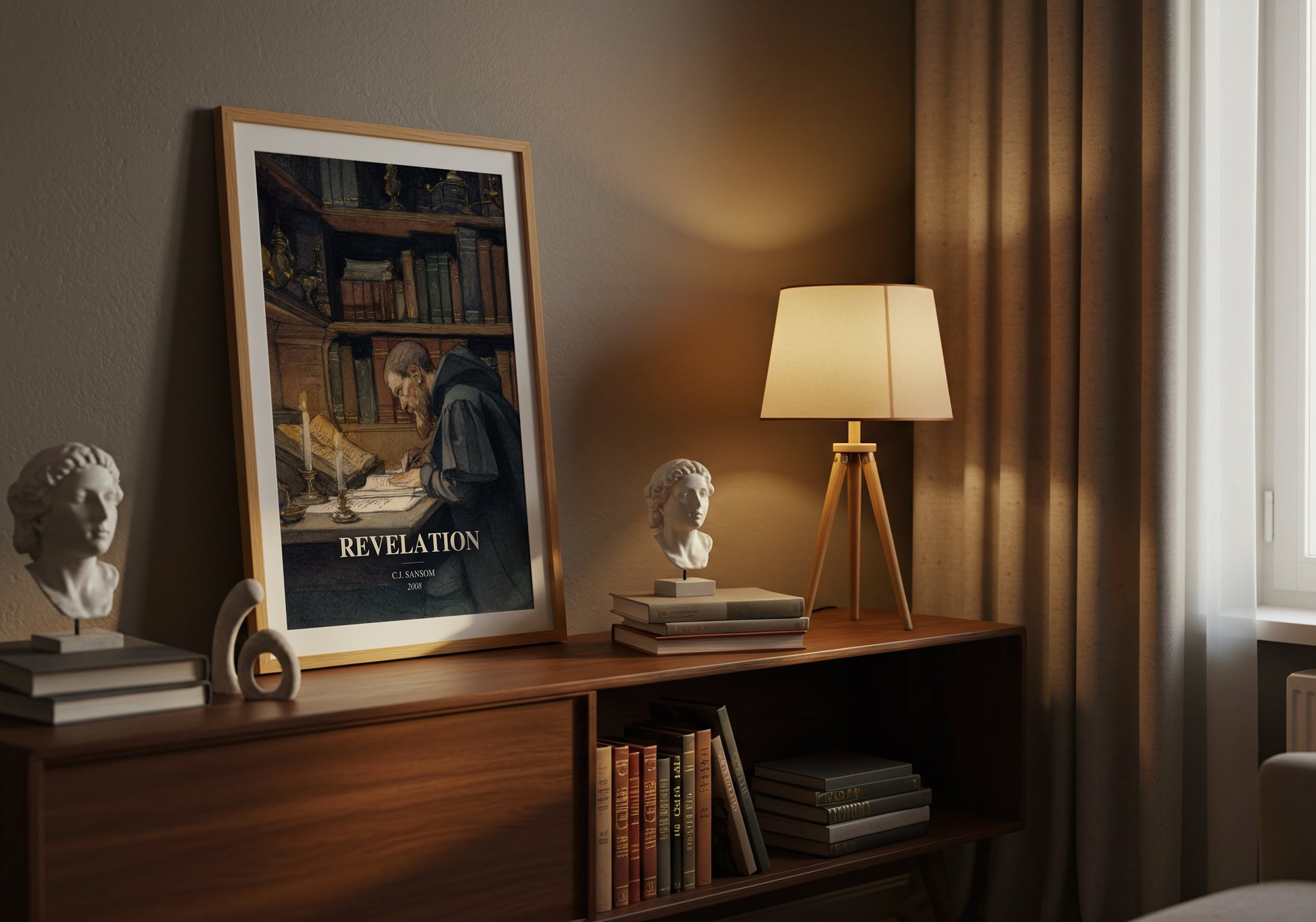 Revelation watercolour print on bookshelf – C.J. Sansom fan gift
