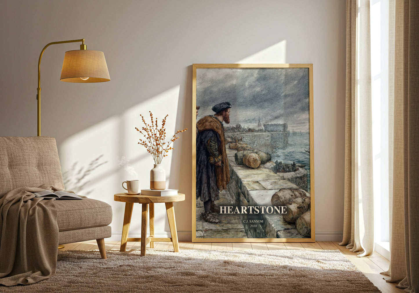 Heartstone watercolour print in frame leaning in hallway – historical fiction wall art