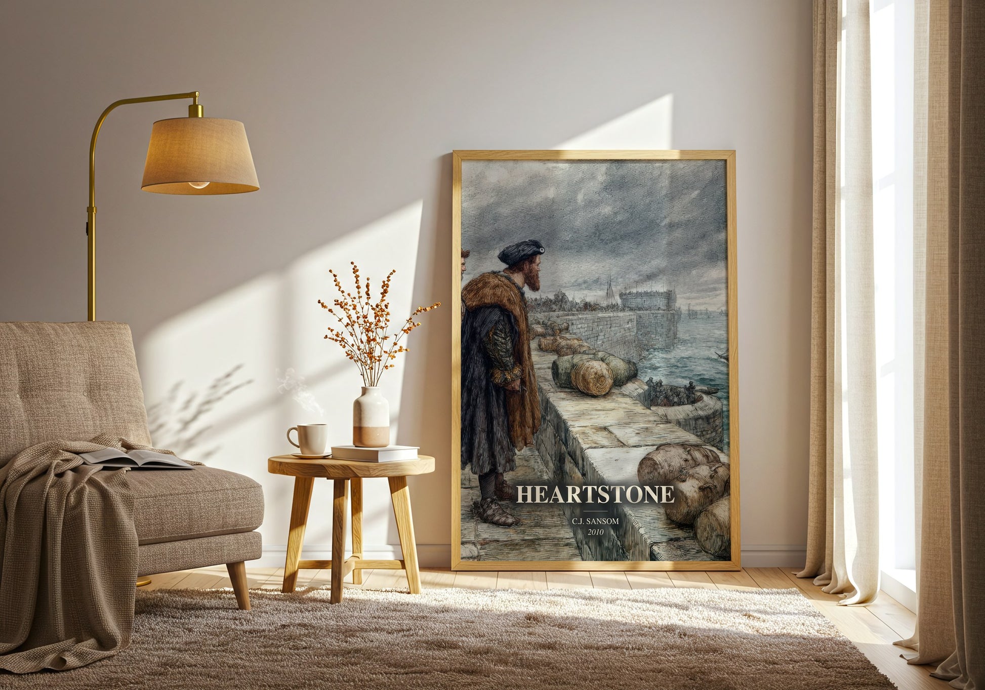 Heartstone watercolour print in frame leaning in hallway – historical fiction wall art