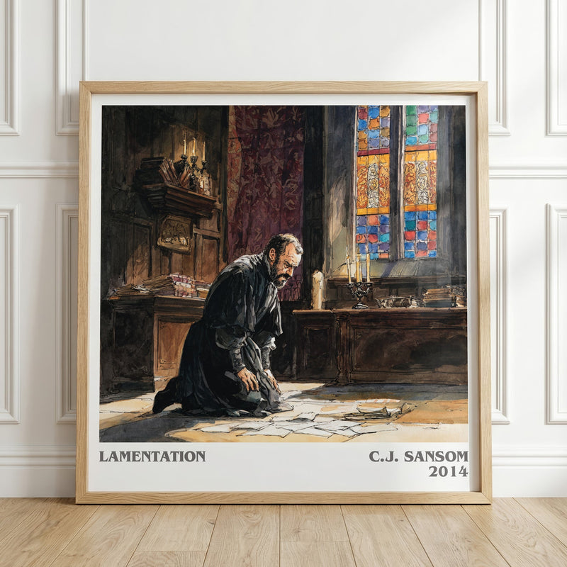 Lamentation literary print in frame leaning in hallway – historical fiction wall art