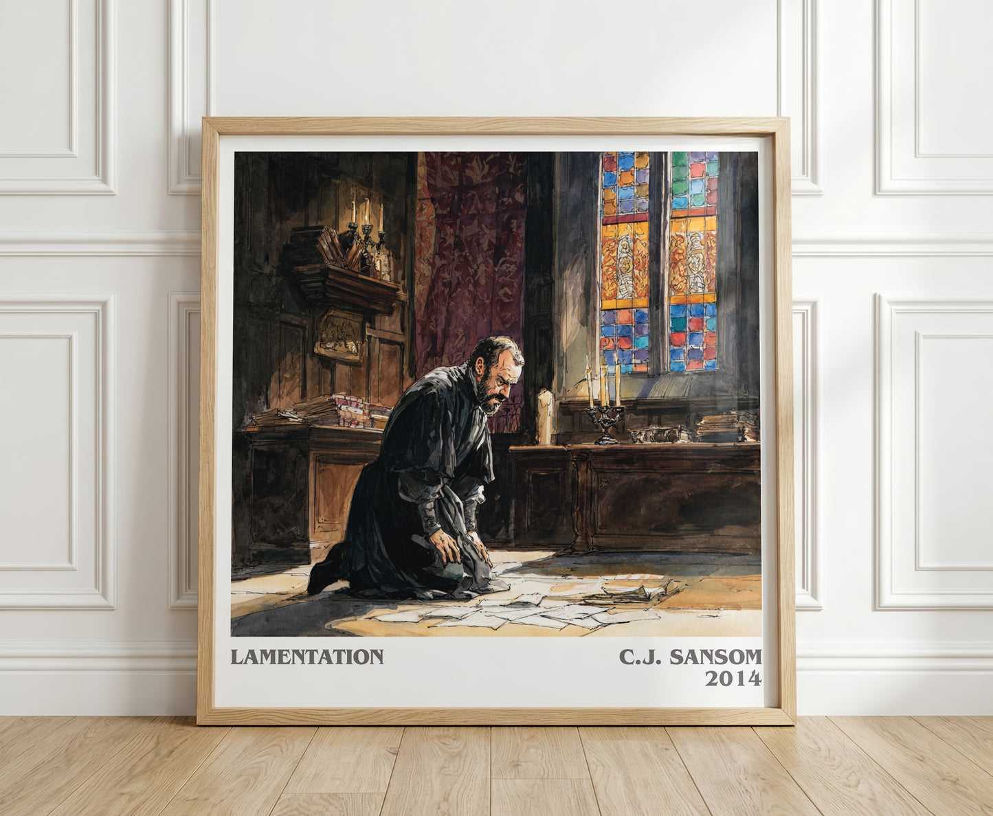 Lamentation literary print in frame leaning in hallway – historical fiction wall art