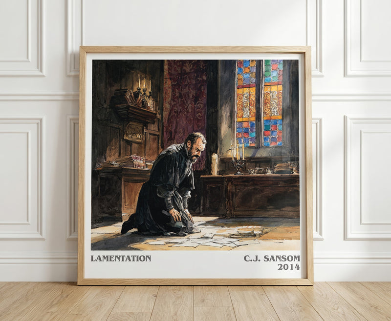 Lamentation literary print in frame leaning in hallway – historical fiction wall art