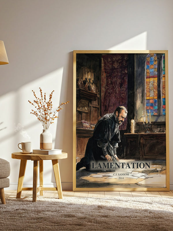 Lamentation watercolour print in frame leaning in hallway – historical fiction wall art