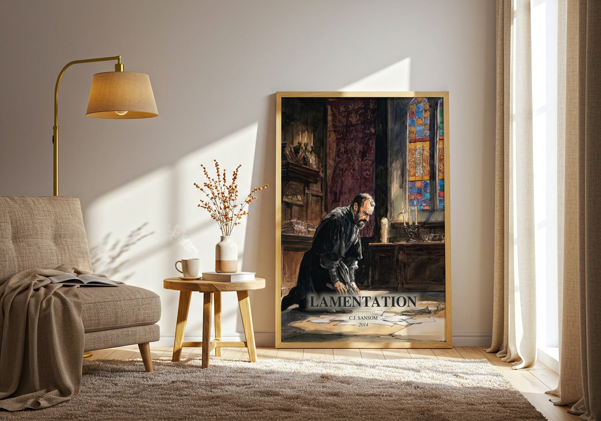 Lamentation watercolour print in frame leaning in hallway – historical fiction wall art