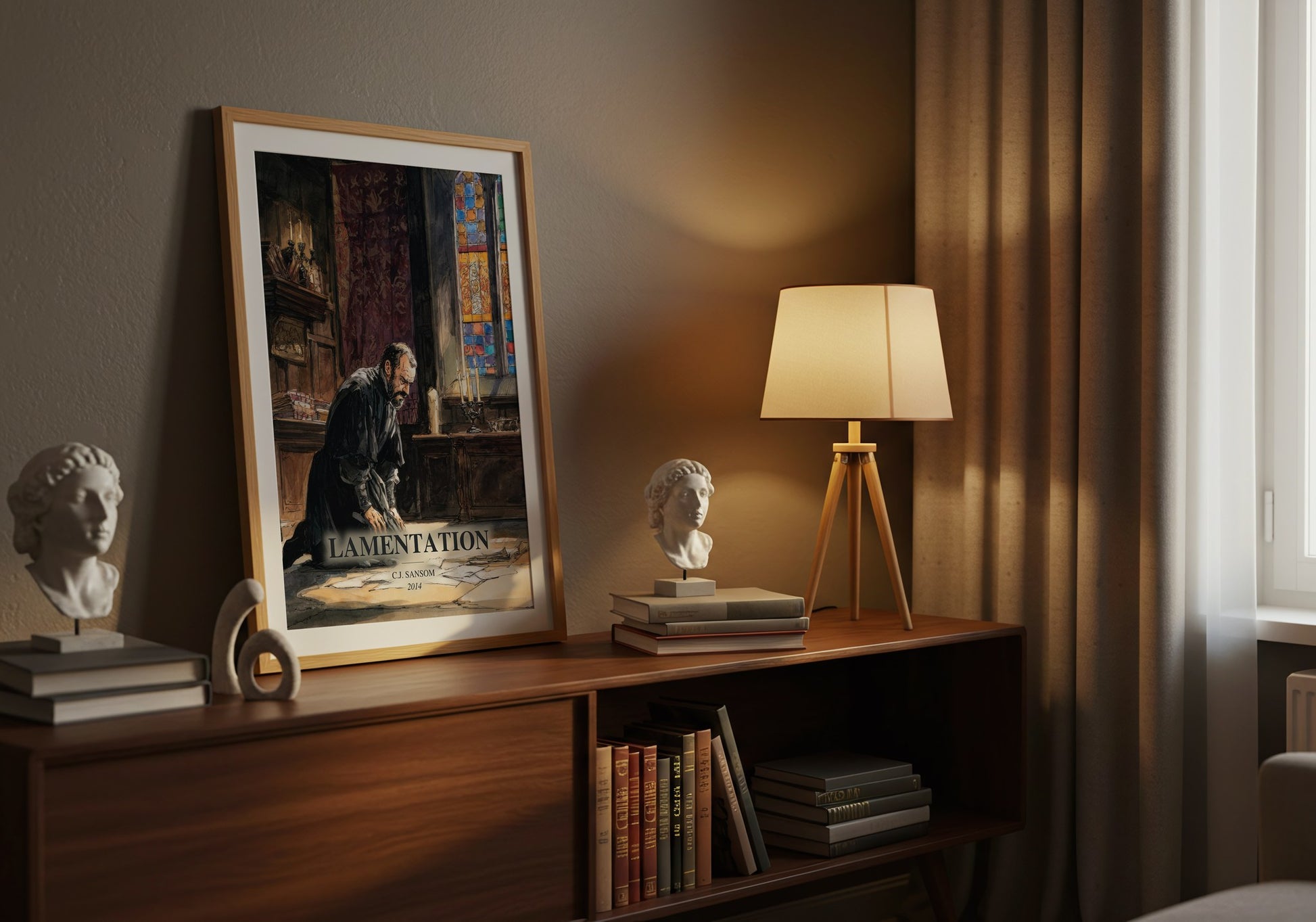 Lamentation watercolour print on bookshelf – C.J. Sansom fan gift