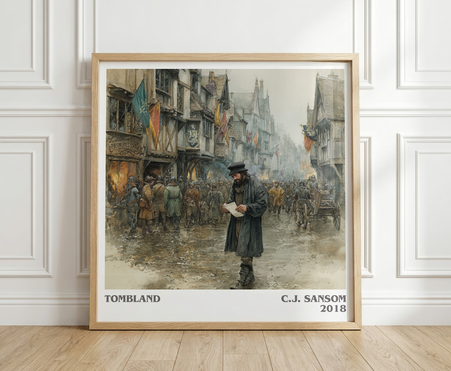 Tombland literary print in frame leaning in hallway – historical fiction wall art