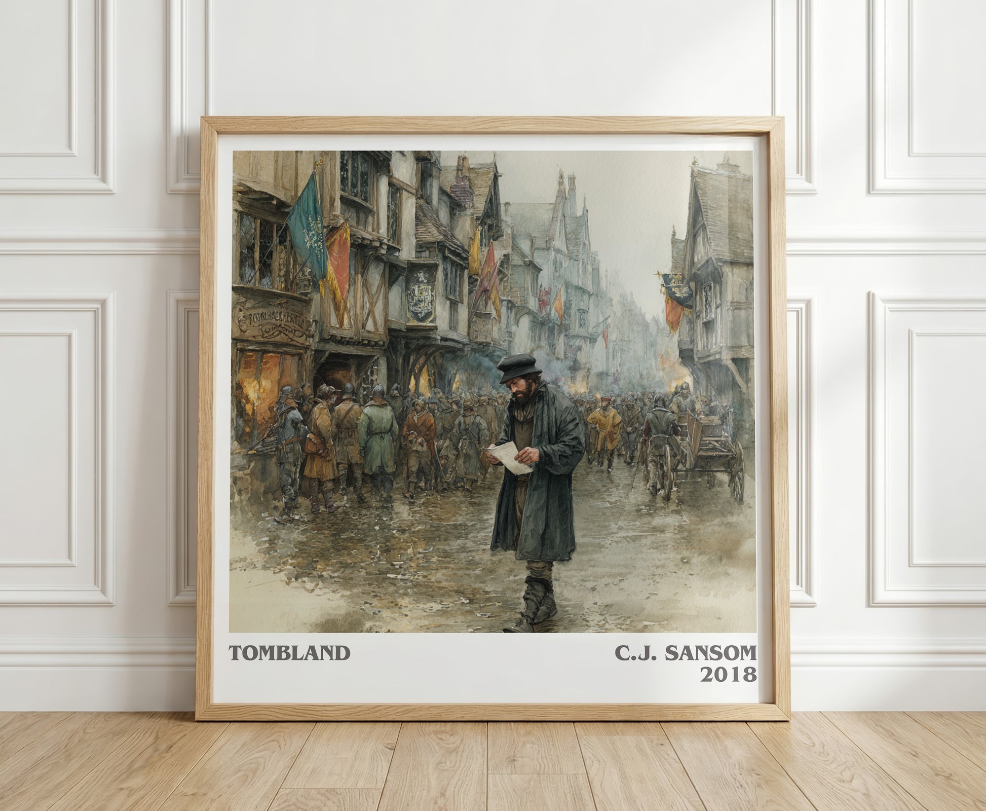 Tombland literary print in frame leaning in hallway – historical fiction wall art