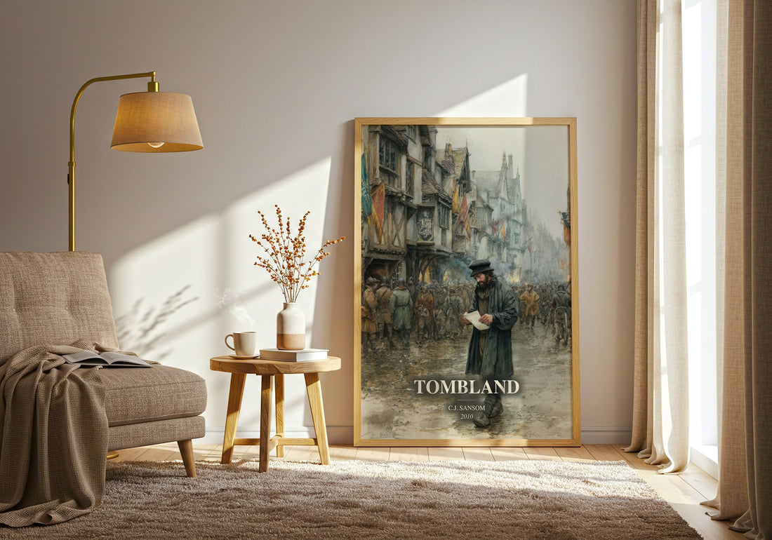 Tombland watercolour print in frame leaning in hallway – historical fiction wall art (mockup)