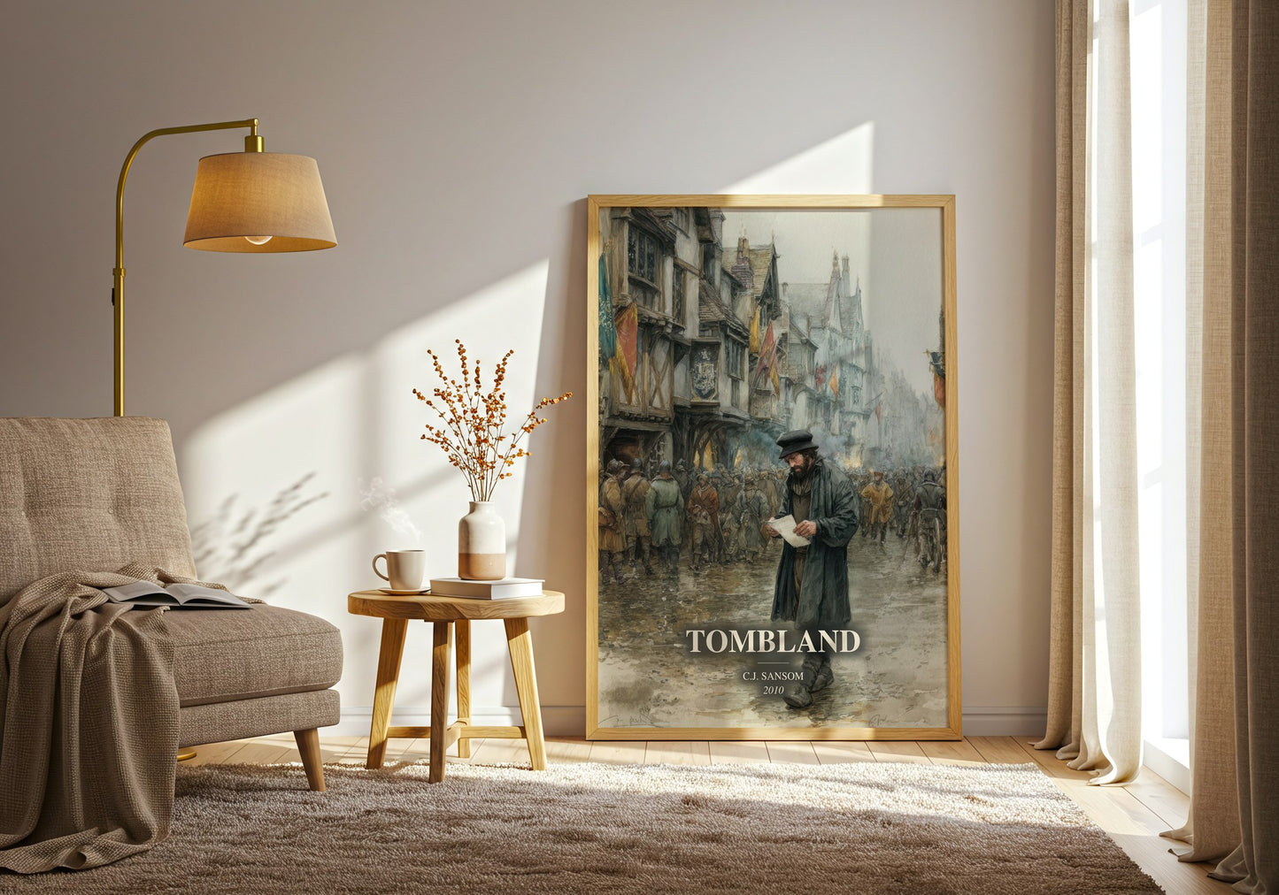 Tombland watercolour print in frame leaning in hallway – historical fiction wall art