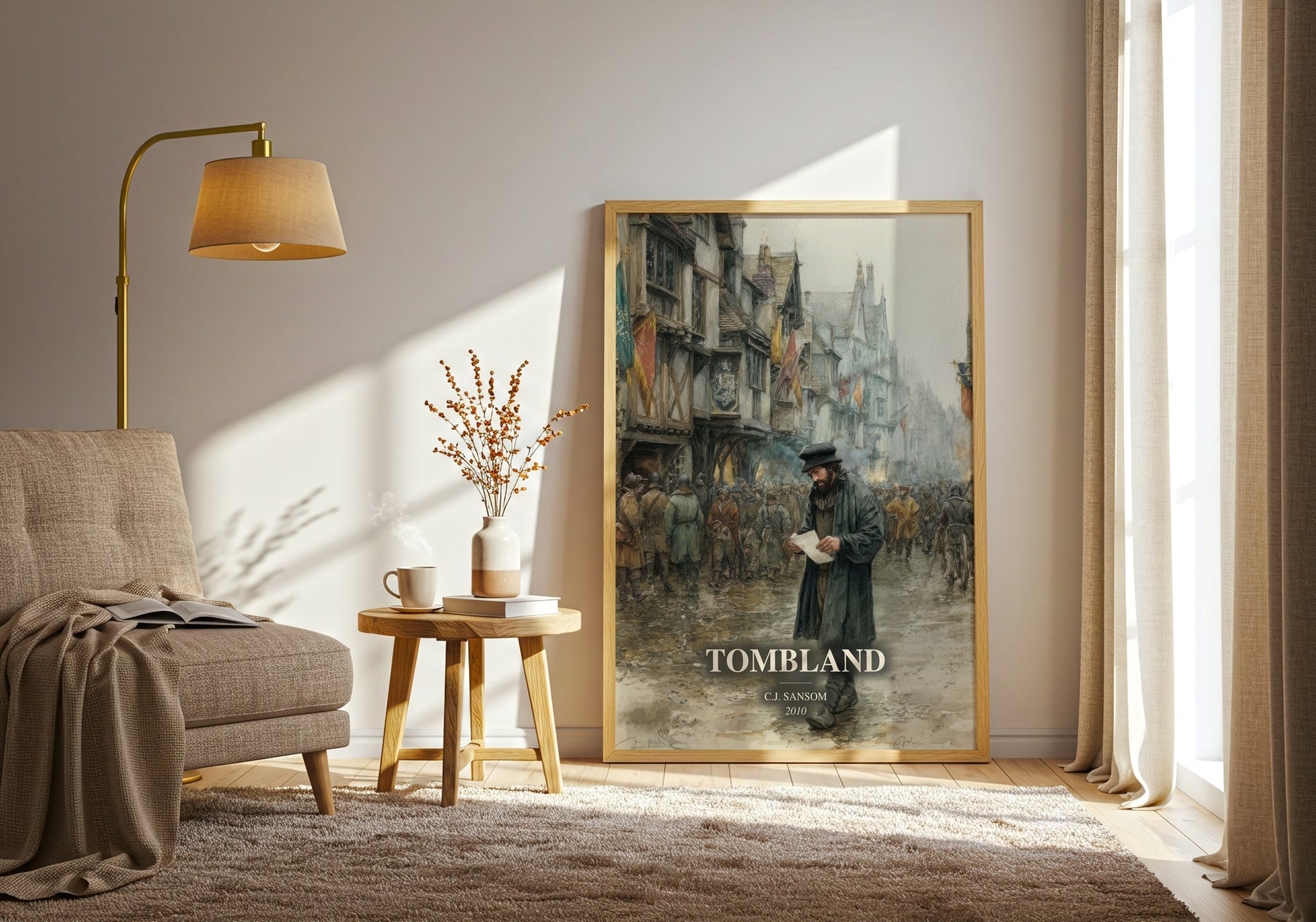 Tombland watercolour print in frame leaning in hallway – historical fiction wall art